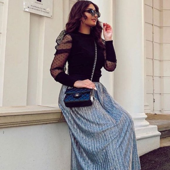 Paris&Pearle Sweaters - Shayla Black Metallic Sheer Polka Dot Sleeve Top